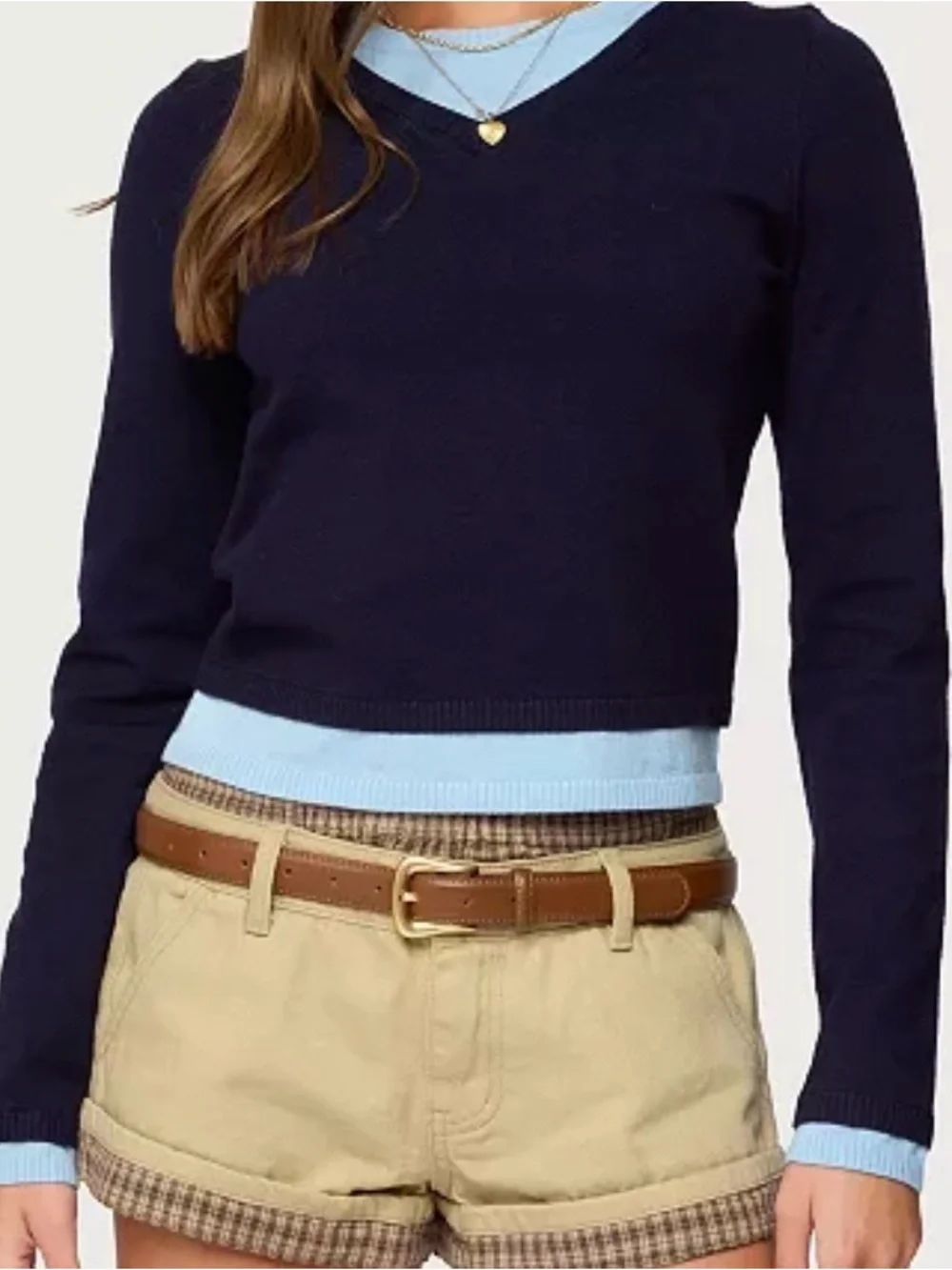 Edikted Navy V-Neck Sweater with Light Blue Trim